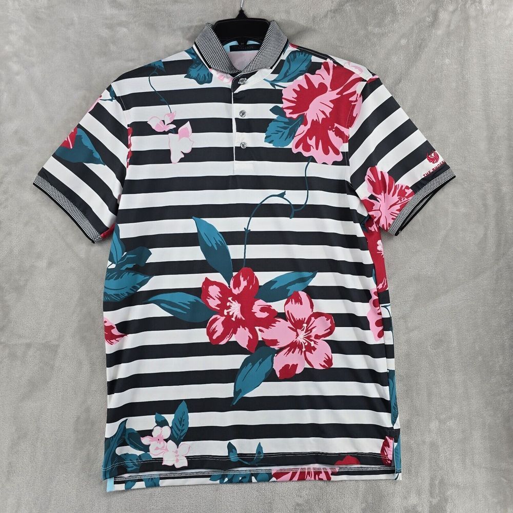 Greyson Black and White Striped Polo with Red Floral Design